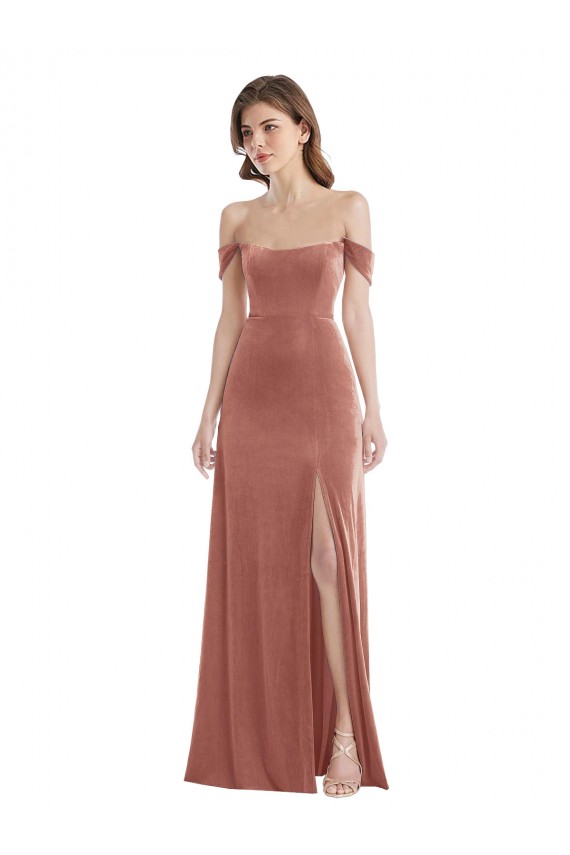 Shop Off the Shoulder Flounce Sleeve Velvet Maxi Bridesmaid Dress / Prom Dress with Pockets