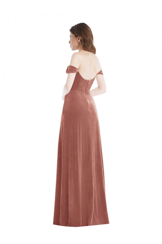 Shop Off the Shoulder Flounce Sleeve Velvet Maxi Bridesmaid Dress / Prom Dress with Pockets