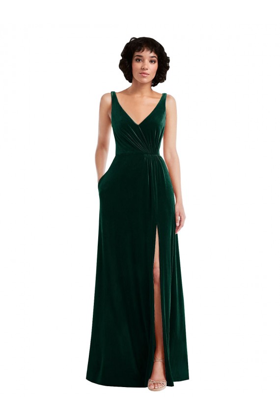 Shop Floor Length Velvet Maxi Bridesmaid Dress / Prom Dress with Shirred Bodice and Front Slit
