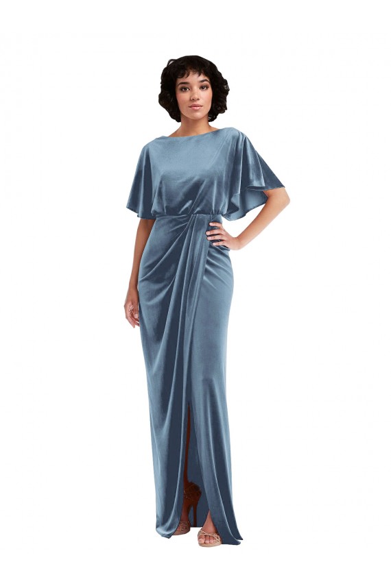 Shop Flutter Sleeve Open Back Velvet Maxi Bridesmaid Dress / Prom Dress with Pockets & Draped Wrap Skirt Pockets