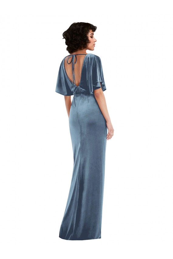 Shop Flutter Sleeve Open Back Velvet Maxi Bridesmaid Dress / Prom Dress with Pockets & Draped Wrap Skirt Pockets