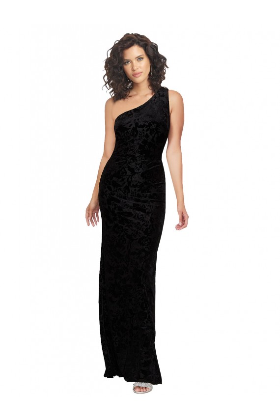 Shop One Shoulder Long Sheath Sleeveless Floral Velvet Bridesmaid Dress