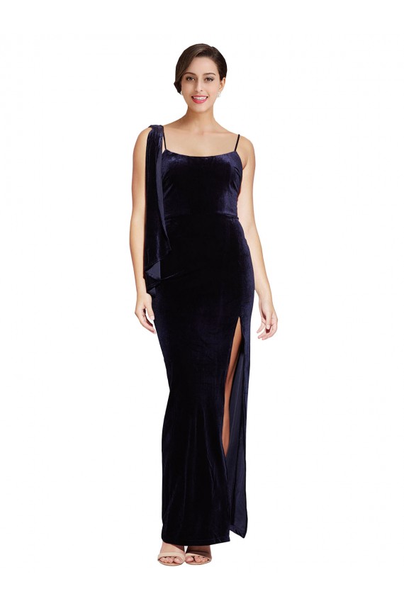 Shop Long Formal Velvet Bridesmaid Dress / Prom Dress with Side Thigh Split and Shoulder Tie